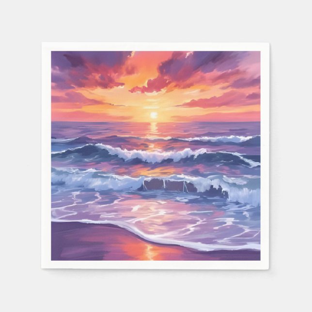 Violet Tide | Purple Sunset Ocean Waves Painted Napkin (Front)
