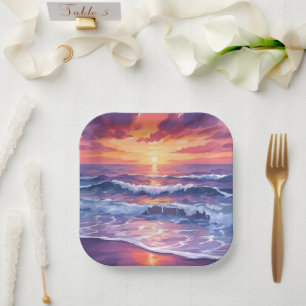 Violet Tide   Purple Sunset Ocean Waves Painted Paper Plate