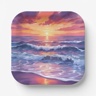 Violet Tide   Purple Sunset Ocean Waves Painted Paper Plate
