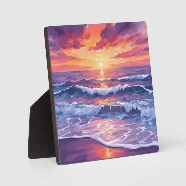 Violet Tide | Purple Sunset Ocean Waves Painted Plaque (Front)