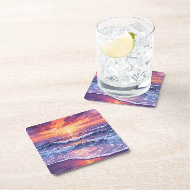 Violet Tide | Purple Sunset Ocean Waves Painted Square Paper Coaster (Insitu)