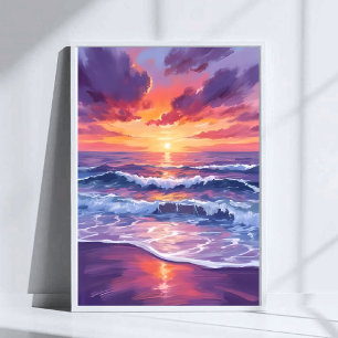 Violet Tide Purple Sunset Ocean Waves Painting Art Poster