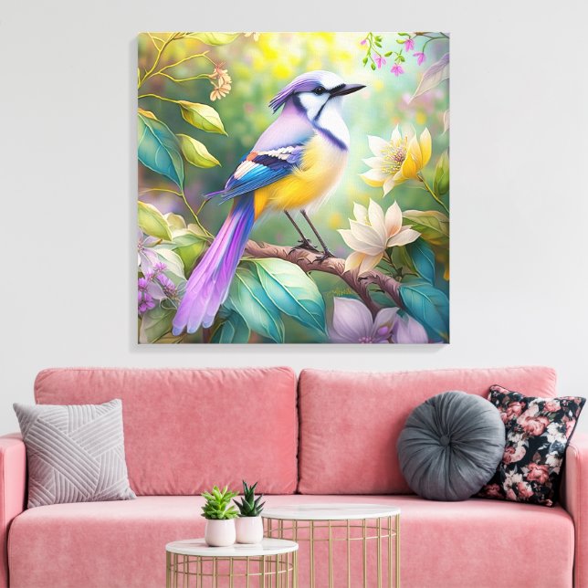 Violet Tufted Jay Fantasy Bird Canvas Print (Insitu(LivingRoom))
