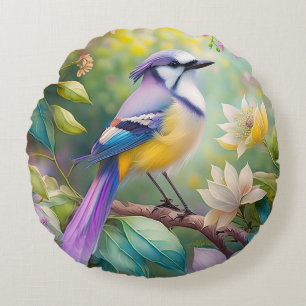 Violet Tufted Jay Fantasy Bird Round Cushion