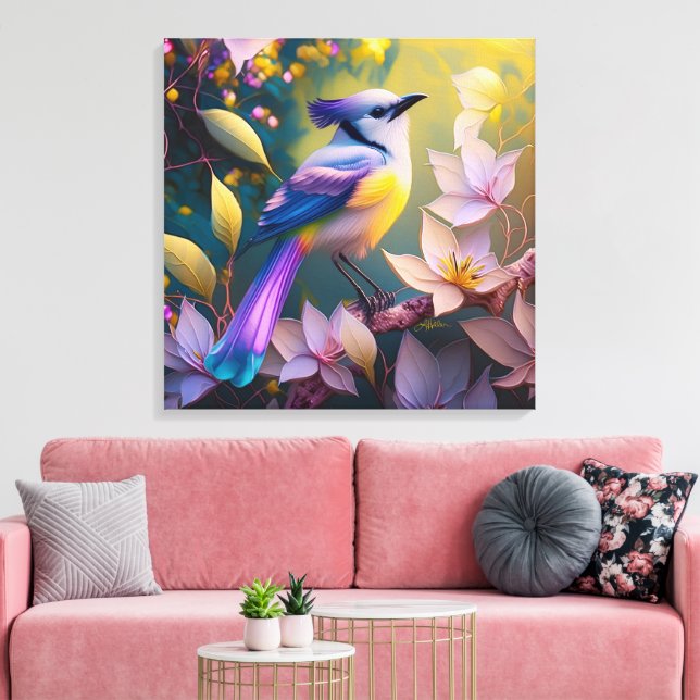Violet Tufted Yellow Breasted Fantasy Bird Canvas Print (Insitu(LivingRoom))