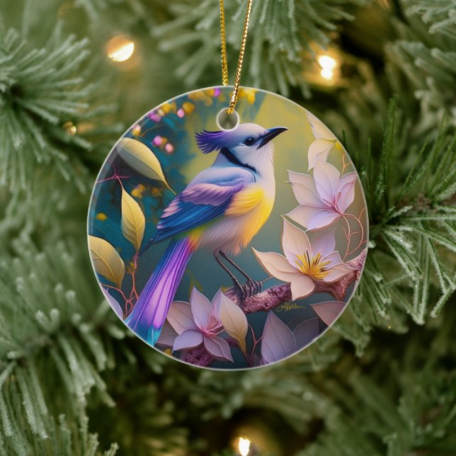 Violet Tufted Yellow Breasted Fantasy Bird Ceramic Tree Decoration (Tree)