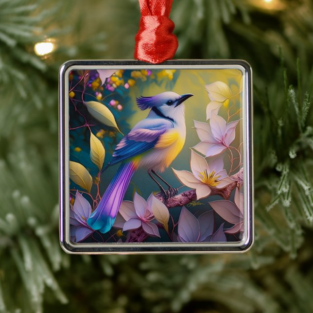 Violet Tufted Yellow Breasted Fantasy Bird Metal Tree Decoration (Tree)