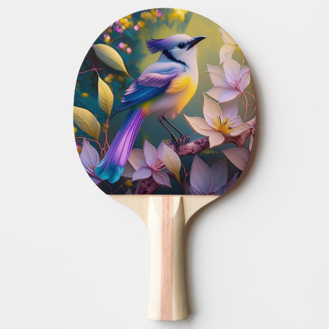 Violet Tufted Yellow Breasted Fantasy Bird Ping Pong Paddle (Front)
