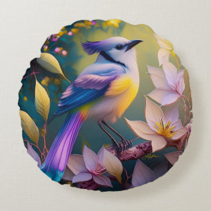 Violet Tufted Yellow Breasted Fantasy Bird Round Cushion