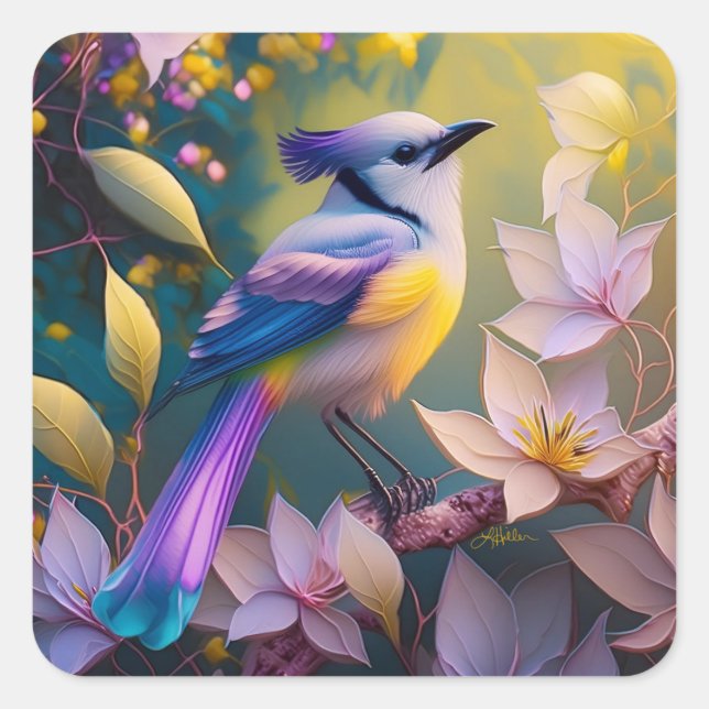 Violet Tufted Yellow Breasted Fantasy Bird Square Sticker (Front)