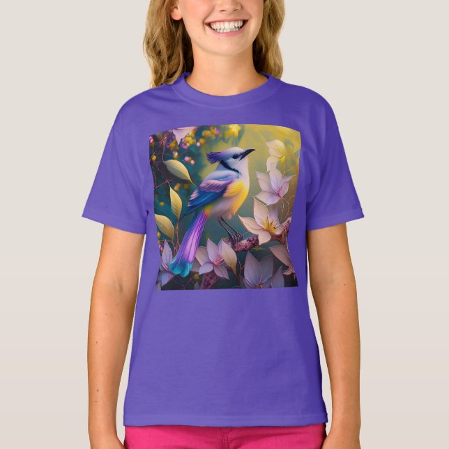 Violet Tufted Yellow Breasted Fantasy Bird T-Shirt (Front)