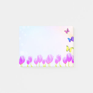 Violet tulip flowers & butterflies post-it notes