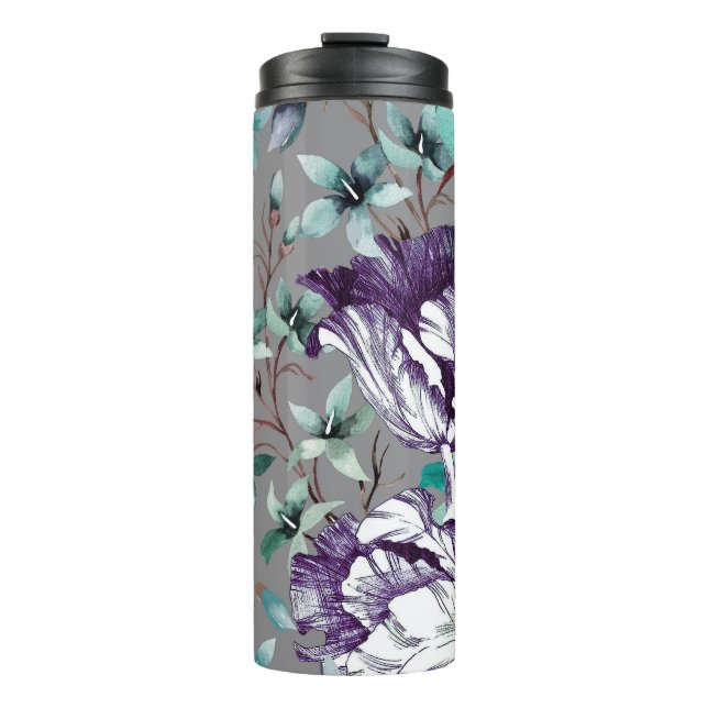Violet Tulips: Grey Wildflowers Thermal Tumbler (Front)