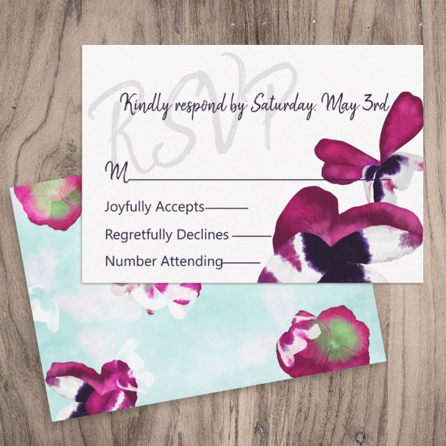 Violet, Turquoise Pansies Wedding RSVP Card (pink purple violet turquoise blue wedding rsvp response respond enclosure cards, flowers pansies)