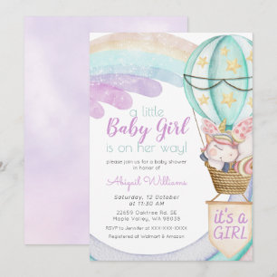 Violet Unicorn, Rainbow, Balloon Girl Baby Shower Invitation