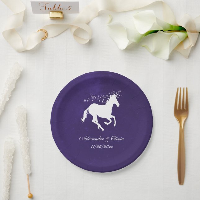 Violet Unicorn Wedding Paper Plate (Wedding)