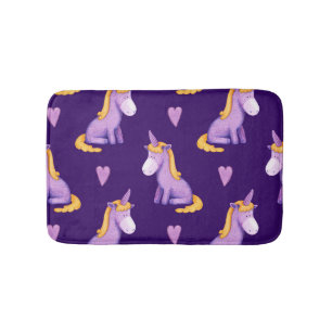Violet Unicorns Hearts Watercolor Pattern. Bath Mat