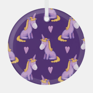 Violet Unicorns Hearts Watercolor Pattern. Glass Tree Decoration