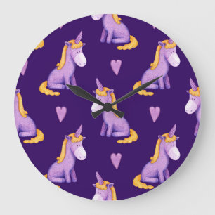Violet Unicorns Hearts Watercolor Pattern. Large Clock