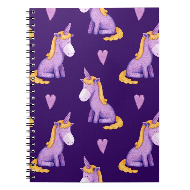 Violet Unicorns Hearts Watercolor Pattern. Notebook (Front)