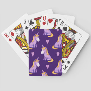 Violet Unicorns Hearts Watercolor Pattern. Playing Cards