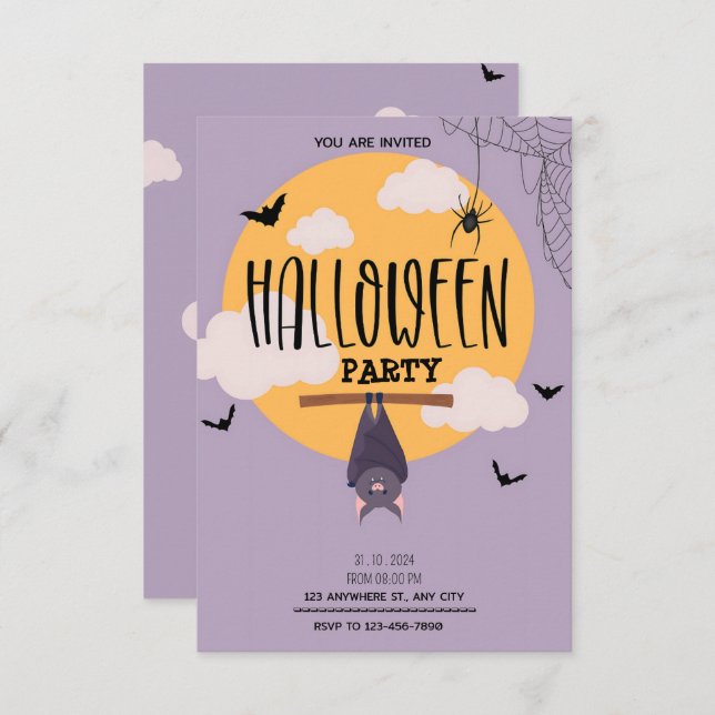 Violet Veil: Beneath the Yellow Moon Halloween Invitation (Front/Back)
