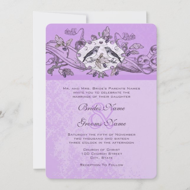 Violet Vintage Birds Oak Tree Scroll Wedding Invitation (Front)