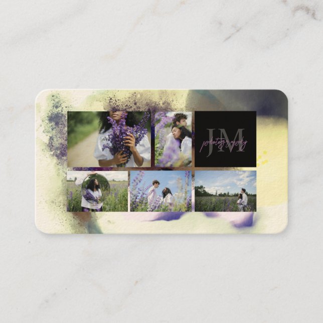 Violet Watercolor Abstract Photo Collage Monogram Business Card (Front)