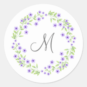 Violet Watercolor Blossoms Wreath Classic Round Sticker