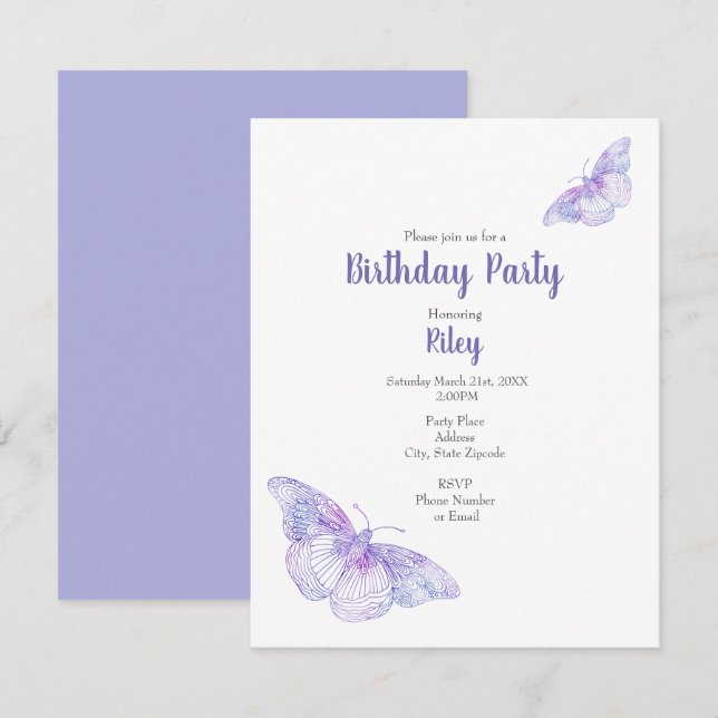 Violet Watercolor Butterflies Invitation (Front/Back)