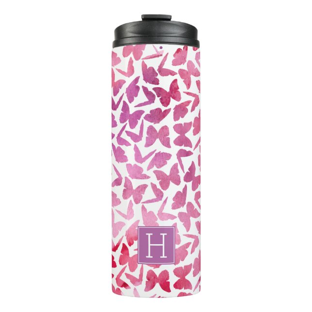 Violet Watercolor Butterflies Pattern Thermal Tumbler (Front)