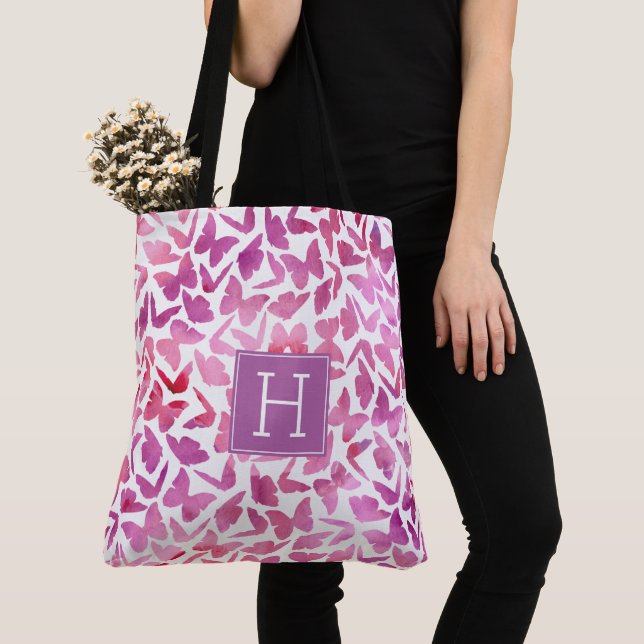 Violet Watercolor Butterflies Pattern Tote Bag (Close Up)