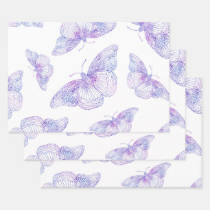 Violet Watercolor Butterfly Pattern Wrapping Paper Sheet