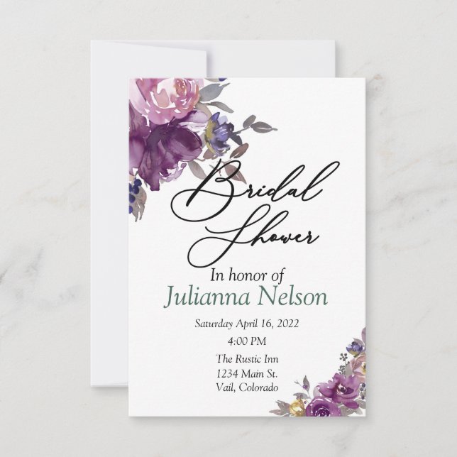 Violet watercolor floral  invitation (Front)
