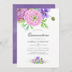 Violet Watercolor Floral Quinceañera Invitation