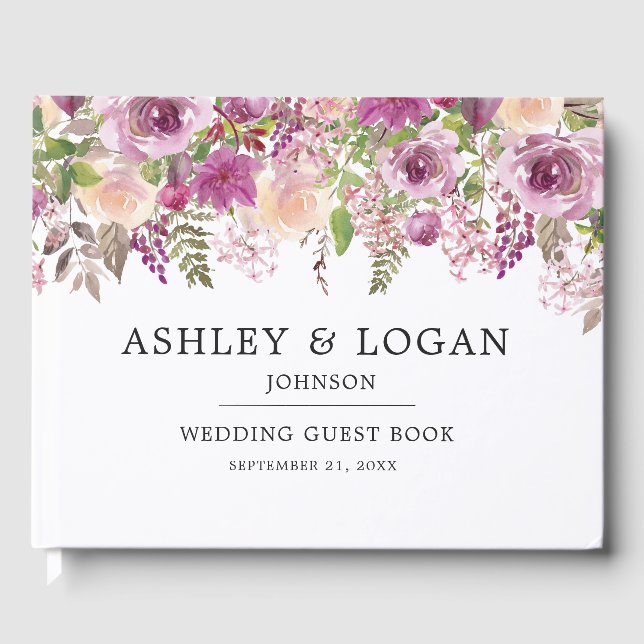 Violet Watercolor Floral Wedding Guest Book (Front)