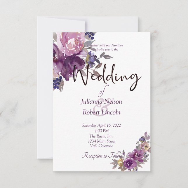 Violet watercolor floral wedding invitation (Front)