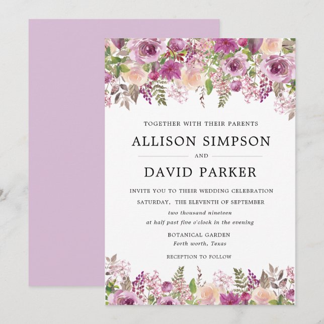 Violet Watercolor Floral Wedding Invitation Cards (Front/Back)