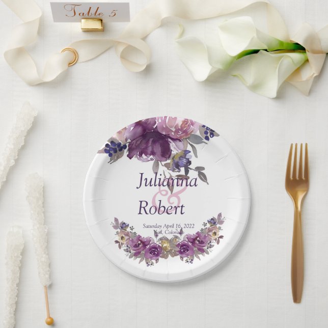 Violet watercolor floral  wedding  paper plates (Wedding)