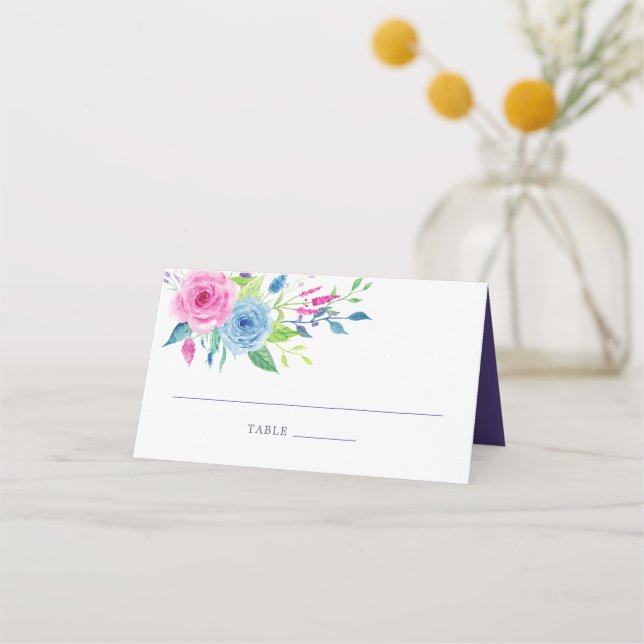 Violet Watercolor Floral Wedding Table Number Place Card (Front)