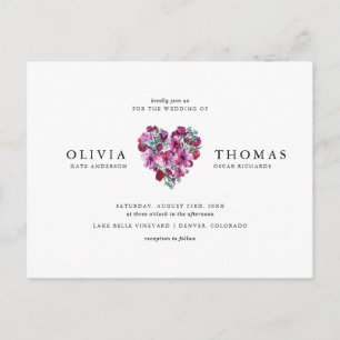 Violet Watercolor Flowers Heart Bouquet Wedding  Invitation Postcard