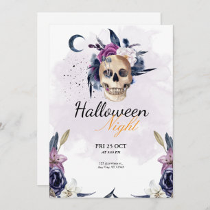 Violet Watercolor Halloween Party Gothic Skull  Invitation