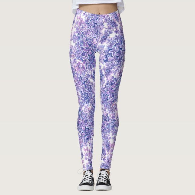 Violet watercolor lilac flowers leggings (Front)