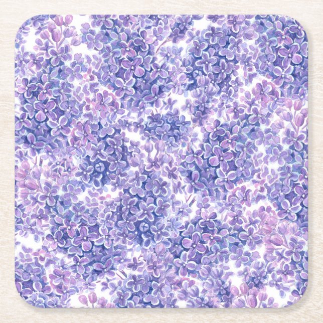 Violet watercolor lilac flowers square paper coaster (Front)