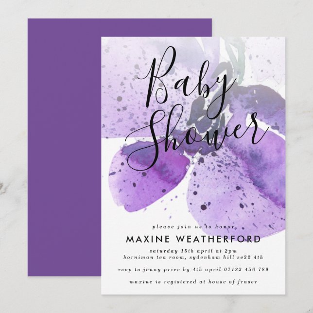 Violet Watercolor Orchid Baby Shower Invitation (Front/Back)