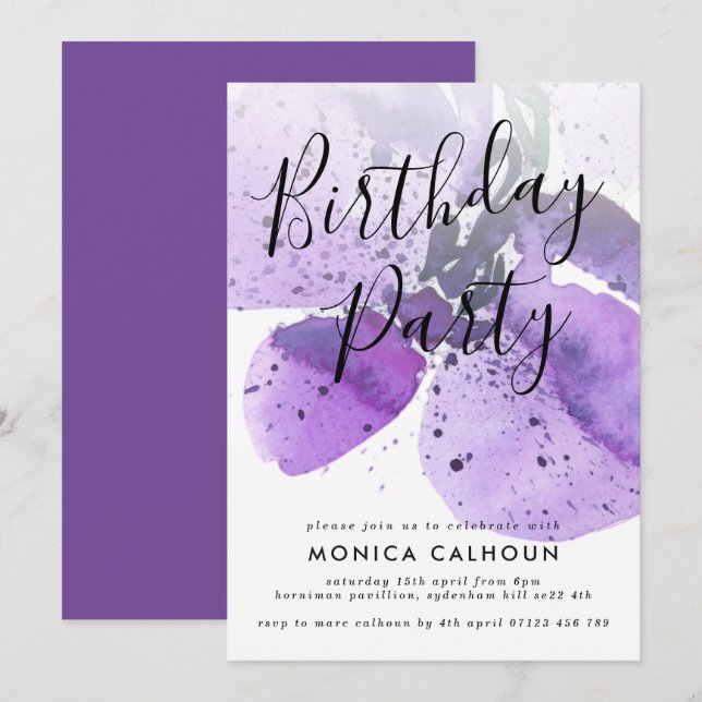 Violet Watercolor Orchid Birthday Party Invitation (Front/Back)