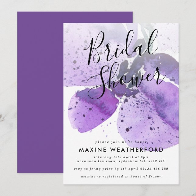 Violet Watercolor Orchid Bridal Shower Invitation (Front/Back)