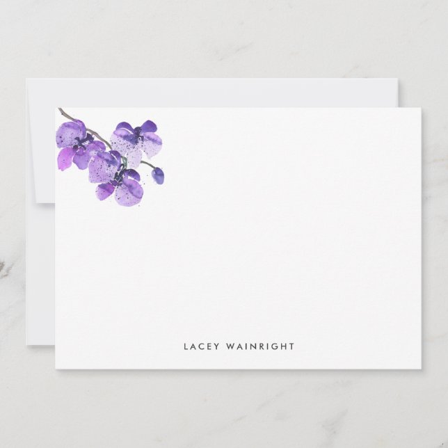 Violet Watercolor Orchid Personalised Stationery Note Card (Front)