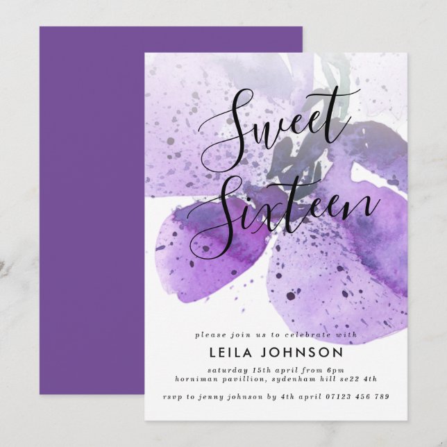 Violet Watercolor Orchid Sweet 16 Invitation (Front/Back)