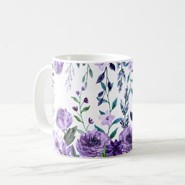 Violet Watercolor Wild Flowers Purple Floral Coffee Mug (Front Left)